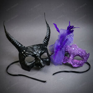 Black Devil Horn Demon Mask & Purple Lace Feather Masquerade Couple Mask Set